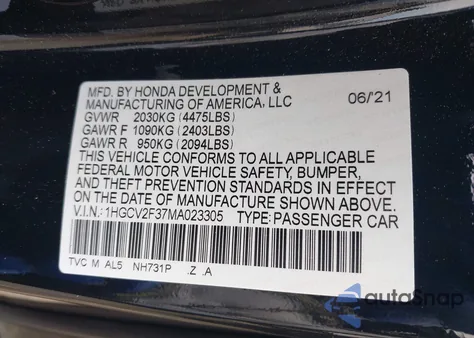 2021 Honda Accord Sport 2.0T from USA, damaged, VIN 1HGCV2F37MA023305